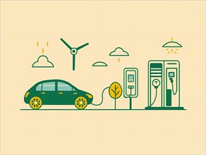 Illustration of electric cars at charging stations with wind turbine and rain clouds, illustration,