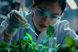 Female scientist researching on plants in laborotory. Concept for biotechnology and genetic