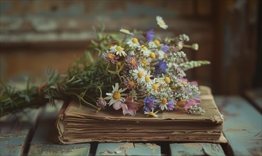 Bouquet of wildflowers placed on top of an antique book AI generated