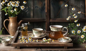 Chamomile tea set on a wooden tray AI generated