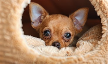 Small Chihuahua puppy peeking out from a cozy dog bed AI generated