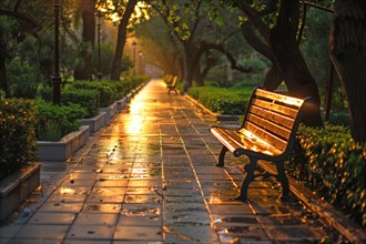 A park bench on a wet path illuminated by warm light at sunrise, AI generated