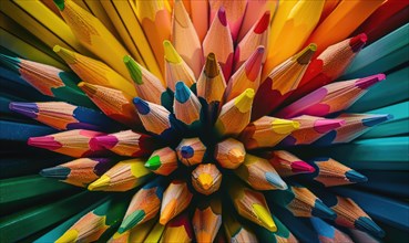 An overhead shot of colored pencils arranged in a pattern, abstract background with colored pencils