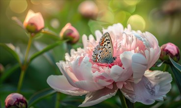 Close-up of a peony flower with a butterfly resting on its petals AI generated