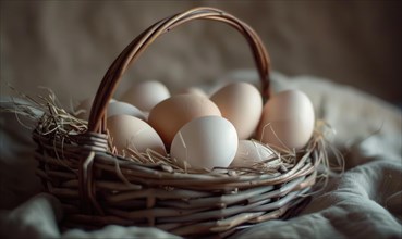 Eggs arranged in a wicker basket AI generated