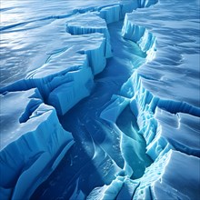 Glaciers crevasse from an aerial top down view with deep blue hues echoing the glaciers dynamic, AI