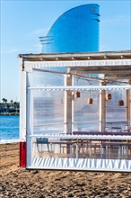 Empty beach cafe in the morning on the beach in Barcelona, Spain, Europe