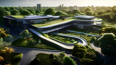 Aerial view of a modern hospitals green roof designed as a therapeutic garden, AI generated,
