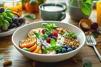 Breakfast bowl with yogurt, granola, seeds, and a mix of colorful fruits on a wooden table, AI