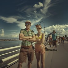 A stylish couple in summery retro clothing stands casually on a beach promenade, KI generated, AI