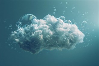 Tranquil abstract scene of a floating cloud surrounded by bubbles underwater, AI generated