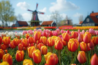 Brightly colored tulips with a traditional Dutch windmill and village, AI generated