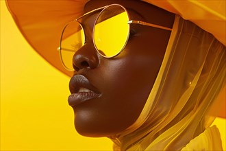 Close-up of a woman dressed in stylish yellow attire with glasses and hat, AI generated