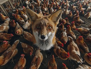Curious fox watches chickens in the coop with an attentive gaze, AI generated, AI generated
