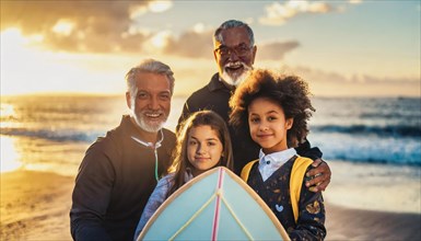 Multi-generational family holding a surfboard and enjoying time together on the beach, AI generated
