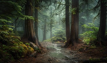 A cedar forest in the rain, nature background AI generated