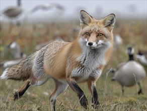 A fox stands in a meadow and attentively observes the geese around him, AI generated, AI generated,