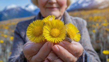 Portrait of an elderly woman holding a bunch of coltsfoot flowers in front of a mountain, medicinal