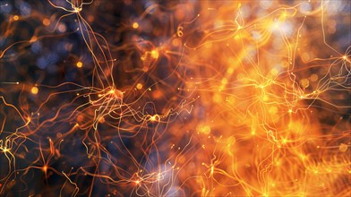 Glowing neural network illustration with neurons in warm orange and yellow tones, ai generated, AI
