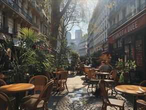Sonnendurchflutete Cafeterrasse in Paris mit entspannter Atmosphaere, Lifestyle in Paris,