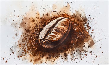 Vibrant watercolor painting of a coffee bean surrounded by coffee grounds AI generated