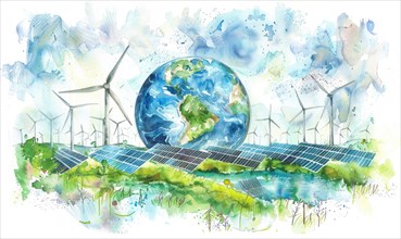 Watercolor illustration of Earth with wind turbines and solar panels, eco energy background AI