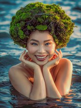 Serenely smiling Mixed-race asian young woman with a green headdress, moss growing and thriving,