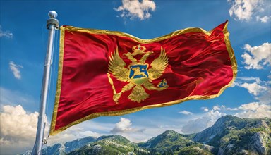 Flags, the national flag of Montenegro flutters in the wind