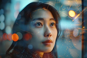 Woman's face gazing through a window with bokeh lights, AI generated