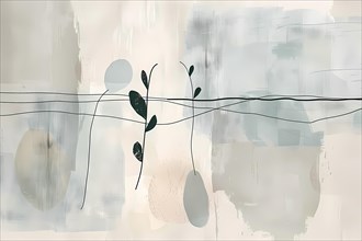 Contemporary abstract with tranquil pale colors and botanical line art, illustration, AI generated