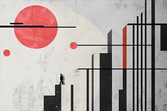 Modern abstract geometric art with a red sun, lines, and silhouette figures, illustration, AI
