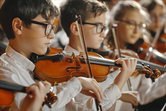 Pupils learn to make music on a violin, school orchestra, music lessons, AI generated, AI