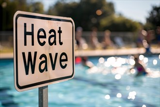 Sign with text 'Heat wave' in front of blurry public swimming pool with people. KI generiert,