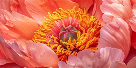Close up of inside of peach colored peony flower, KI generiert, generiert, AI generated