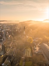 The first rays of sunlight illuminate a small town shrouded in morning mist, Gechingen, Black