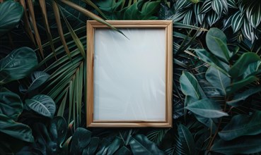 Wooden frame in green tropical leaves. Frame mockup AI generated