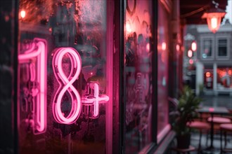 Pink neon light text '18+' glowing in window of bar at night. KI generiert, generiert, AI generated
