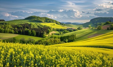 A picturesque countryside scene with rolling hills blanketed in vibrant yellow rapeseed flowers,