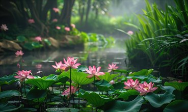 A serene pond surrounded by blooming pink lotus flowers and lush green foliage AI generated