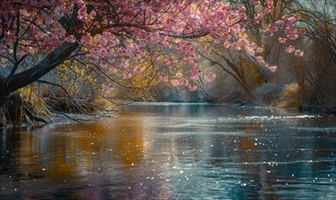 Cherry blossoms lining the banks of a gentle spring river AI generated