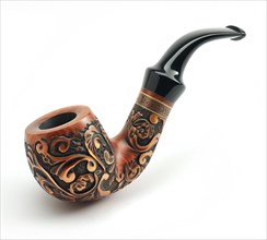 An ornately carved wooden smoking pipe with intricate designs, AI generated