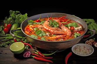 Spicy Seafood Soup Tom Yum with Fresh Herbs and Ingredients, AI generated