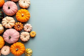 Top view of colorful pumpkins on pastel blue background with copy space. KI generiert, generiert,