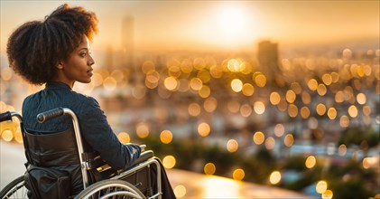 Contemplative woman in a wheelchair against an urban backdrop with city lights at dusk, AI