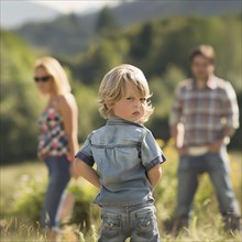 Sceptical child in the foreground with family turning away in the rural background, AI generated