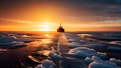 Icebreakers path through polar sea at sunrise, AI generated