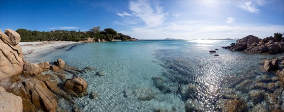 Rock formations, lonely bay, panoramic shot, Capriccioli beach, Costa Smeralda, Sardinia, Italy,