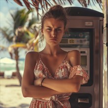 Thoughtful looking woman in summer dress stands by a telephone box under palm trees, AI generated