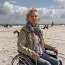 Thoughtful elderly woman in wheelchair on sandy beach, KI generated, AI generated