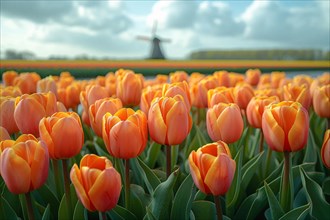 Vibrant orange tulips fill the field with a traditional Dutch windmill and moody skies above, AI
